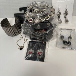 Goth Themed Mystery Jewelry Jar🖤  Skulls, collar, silver tone scale cuff